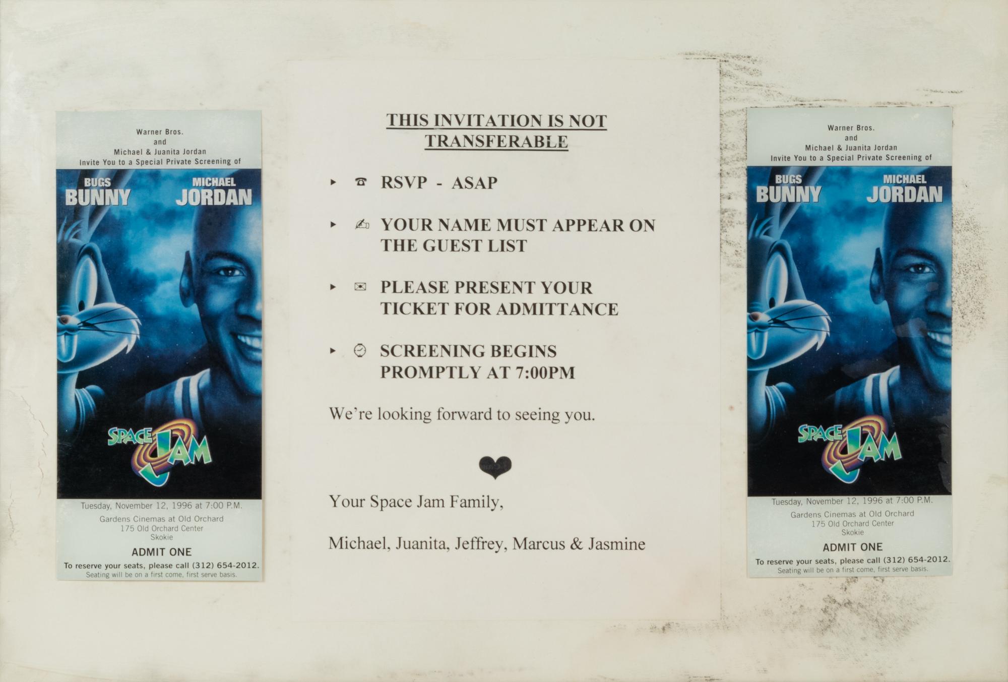 A Michael Jordan Signed Autograph Upper Deck Print and Family Invitation / Tickets to Space Jam Premiere,