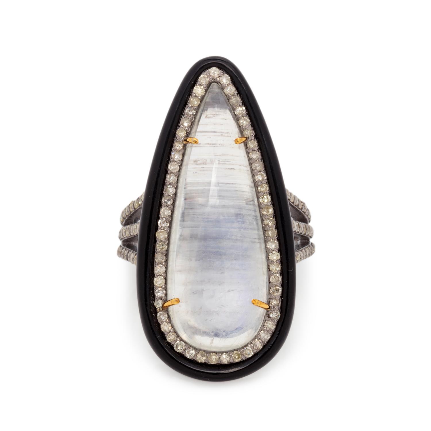 MOONSTONE, DIAMOND AND ONYX RING