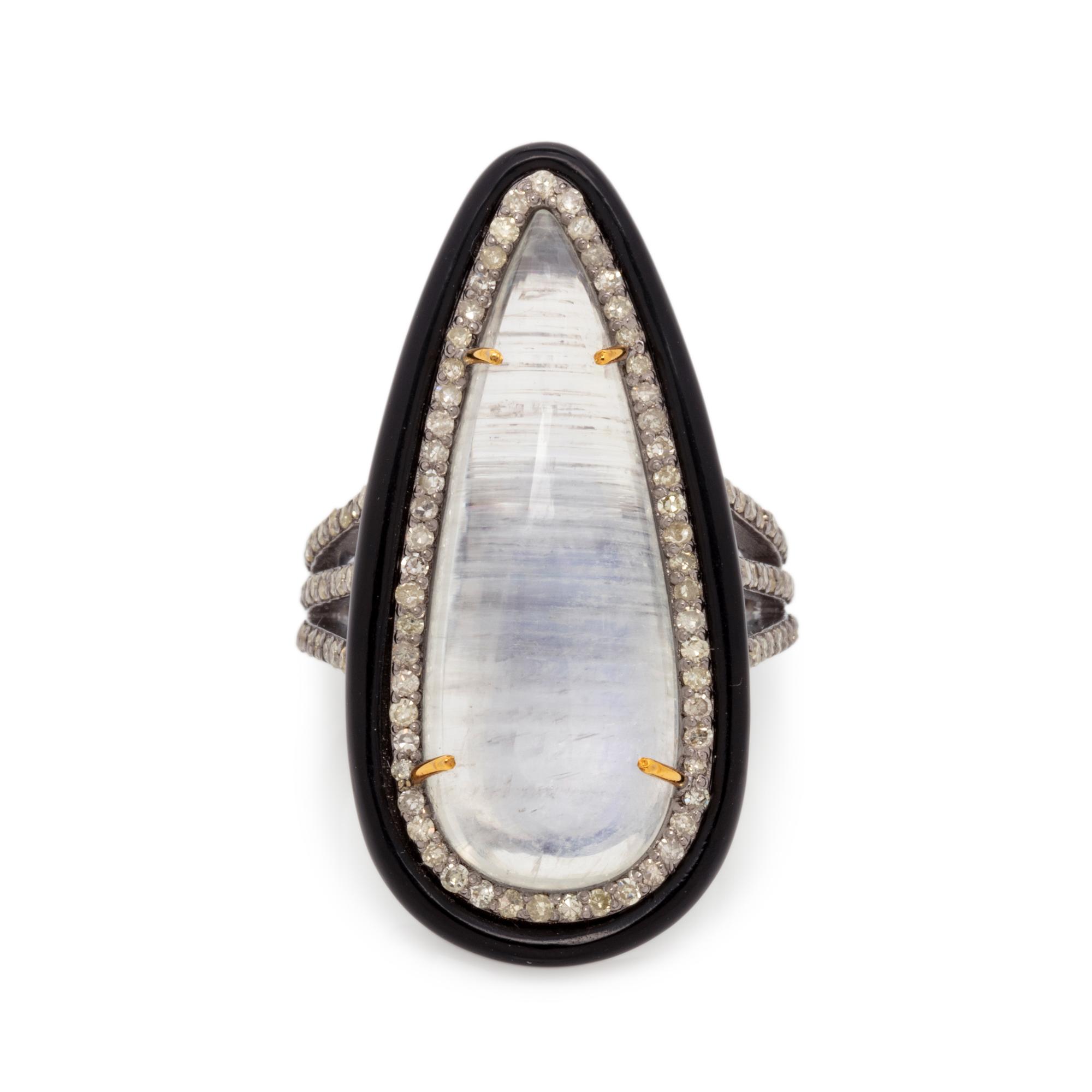 MOONSTONE, DIAMOND AND ONYX RING