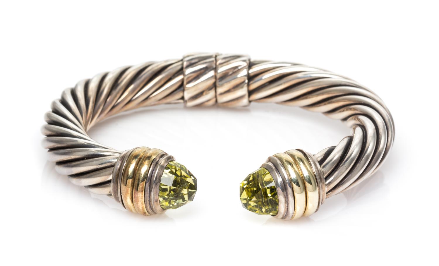 A Sterling Silver, 14 Karat Yellow Gold and Lemon Citrine 'Cable Classics' Bracelet, David Yurman, 29.20 dwts.