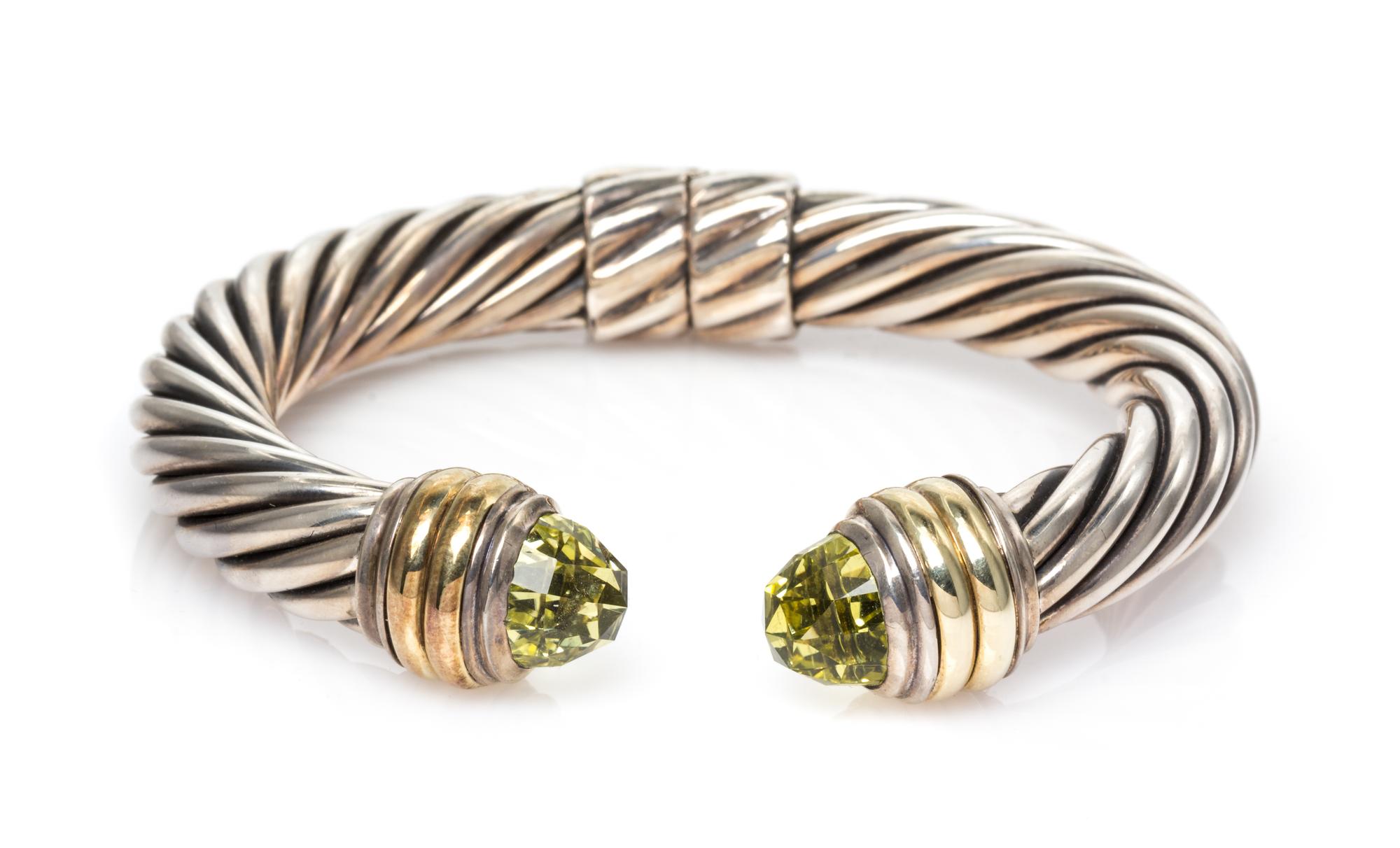 A Sterling Silver, 14 Karat Yellow Gold and Lemon Citrine 'Cable Classics' Bracelet, David Yurman, 29.20 dwts.
