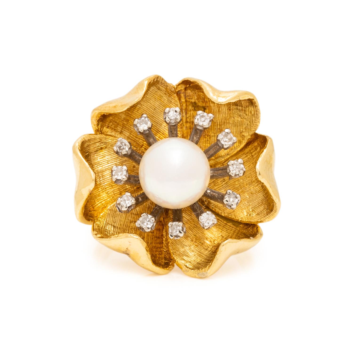 YELLOW GOLD, CULTURED PEARL, AND DIAMOND FLOWER RING