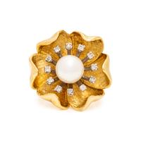 YELLOW GOLD, CULTURED PEARL, AND DIAMOND FLOWER RING