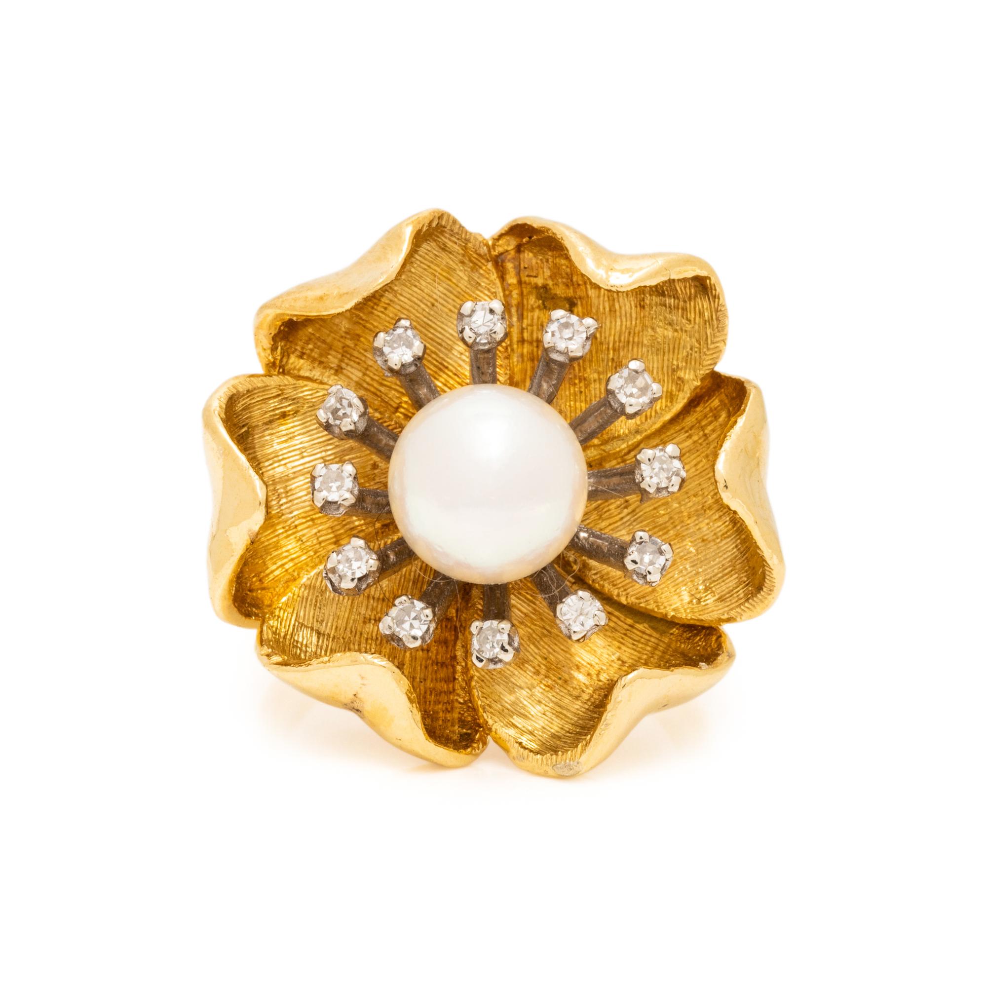 YELLOW GOLD, CULTURED PEARL, AND DIAMOND FLOWER RING