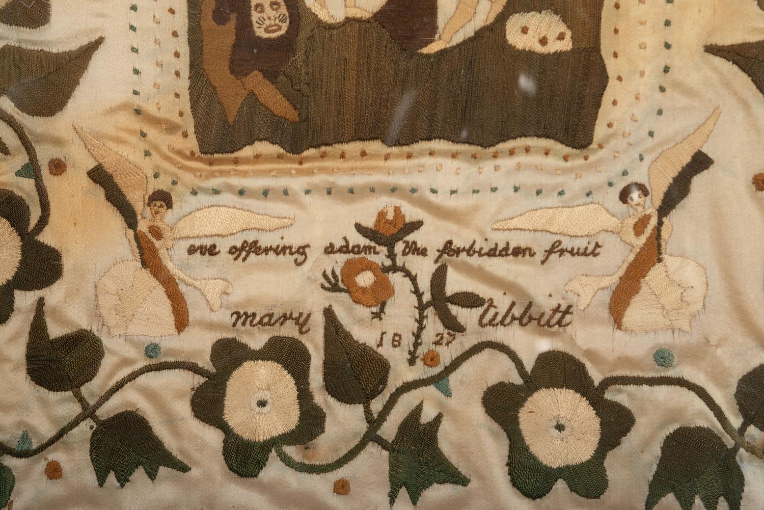 A Silkwork Embroidered Picture of the Temptation of Adam and Eve, Wrought by Mary Tibbitt