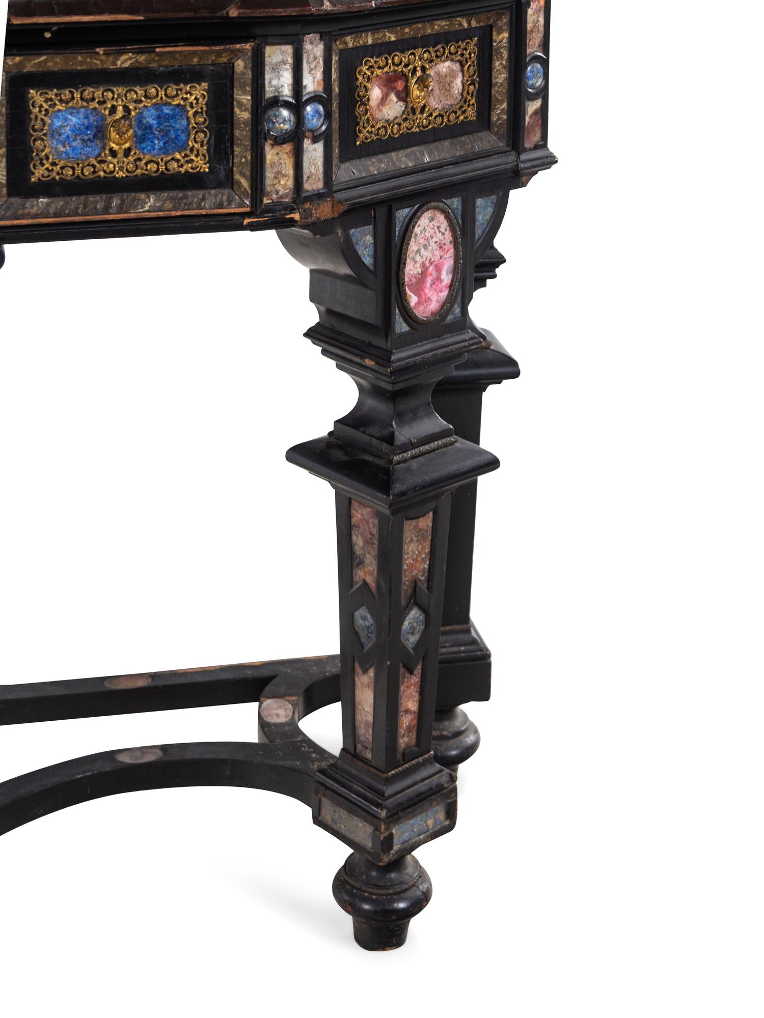 A Florentine Style Gilt Bronze and Specimen Marble-Mounted Ebonized Cabinet on Stand