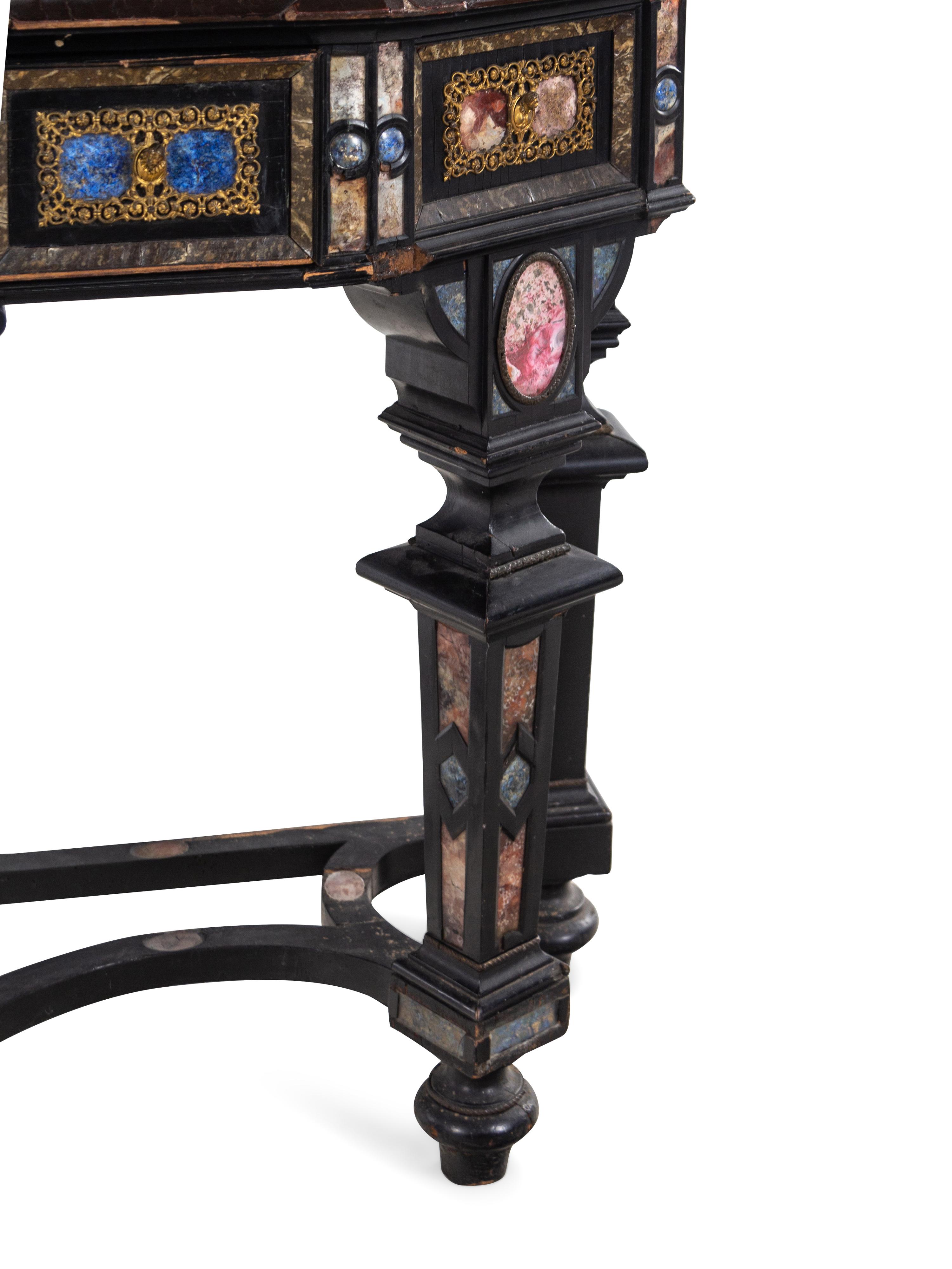 A Florentine Style Gilt Bronze and Specimen Marble-Mounted Ebonized Cabinet on Stand