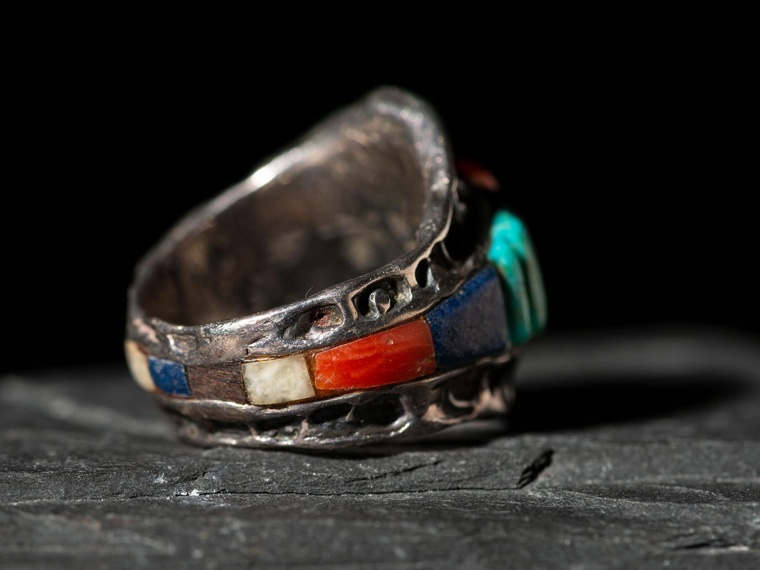 Silver Tufa Cast Shield Ring, with Cobblestone Inlay
