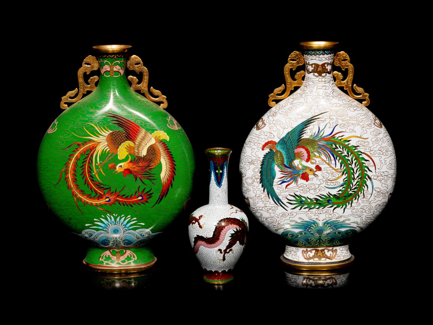 Three Chinese Cloisonné Enamel 'Dragon' Vases