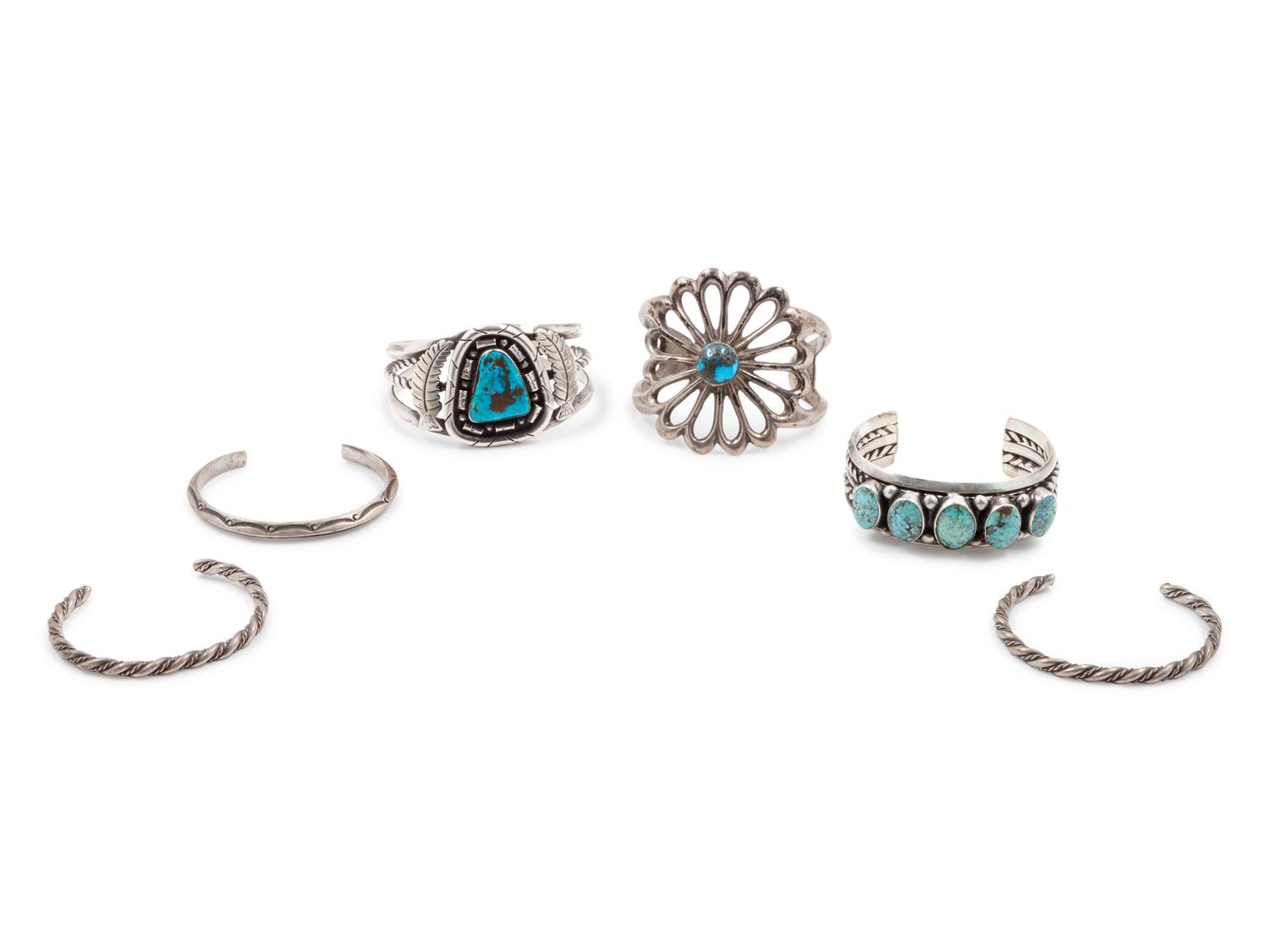 Group of Six Silver and Turquoise Cuff Bracelets