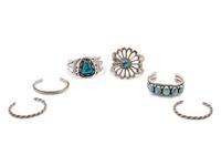 Group of Six Silver and Turquoise Cuff Bracelets