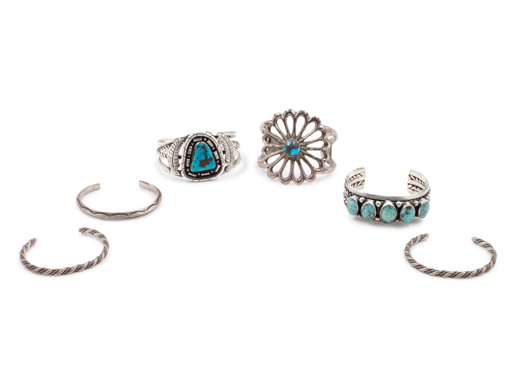Group of Six Silver and Turquoise Cuff Bracelets