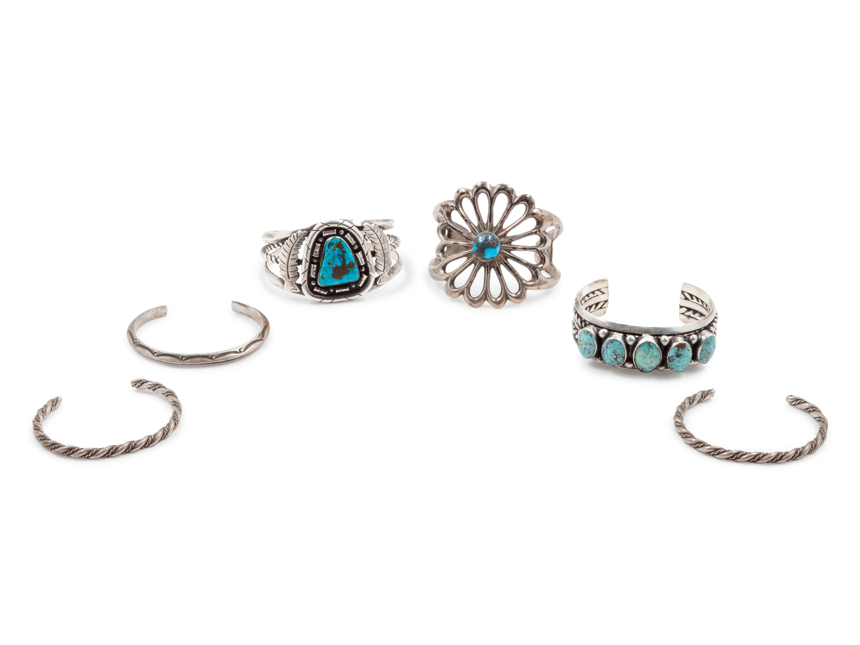 Group of Six Silver and Turquoise Cuff Bracelets