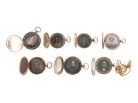 [EARLY PHOTOGRAPHY]. A group of 7 lockets containing 13 daguerreotype, ambrotype, and tintype portraits.