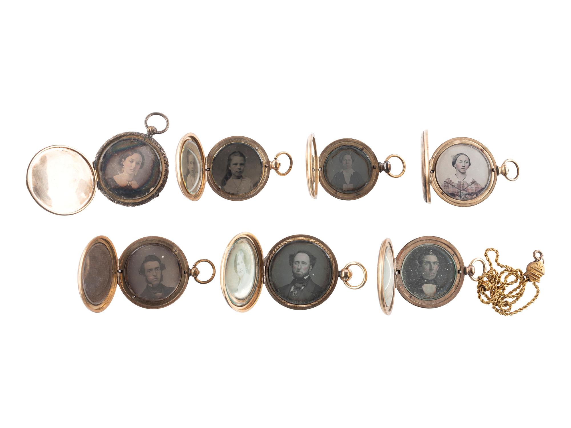 [EARLY PHOTOGRAPHY]. A group of 7 lockets containing 13 daguerreotype, ambrotype, and tintype portraits.