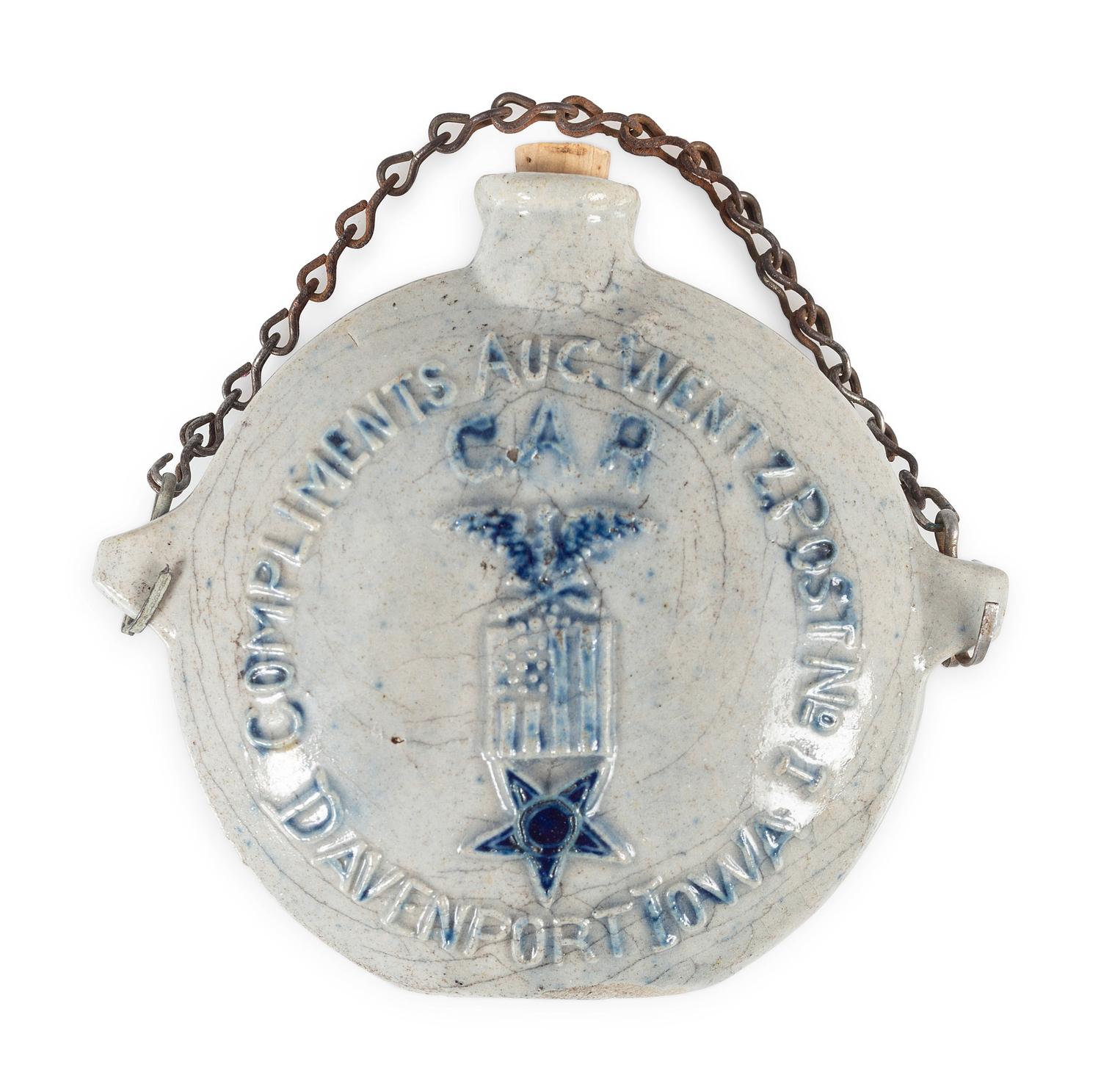 A Cobalt Decorated Stoneware Grand Army of the Republic G.A.R. Flask