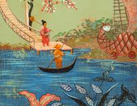 A Louis XVI Style Painted and Parcel Gilt Chinoiserie Decorated Cabinet on Stand