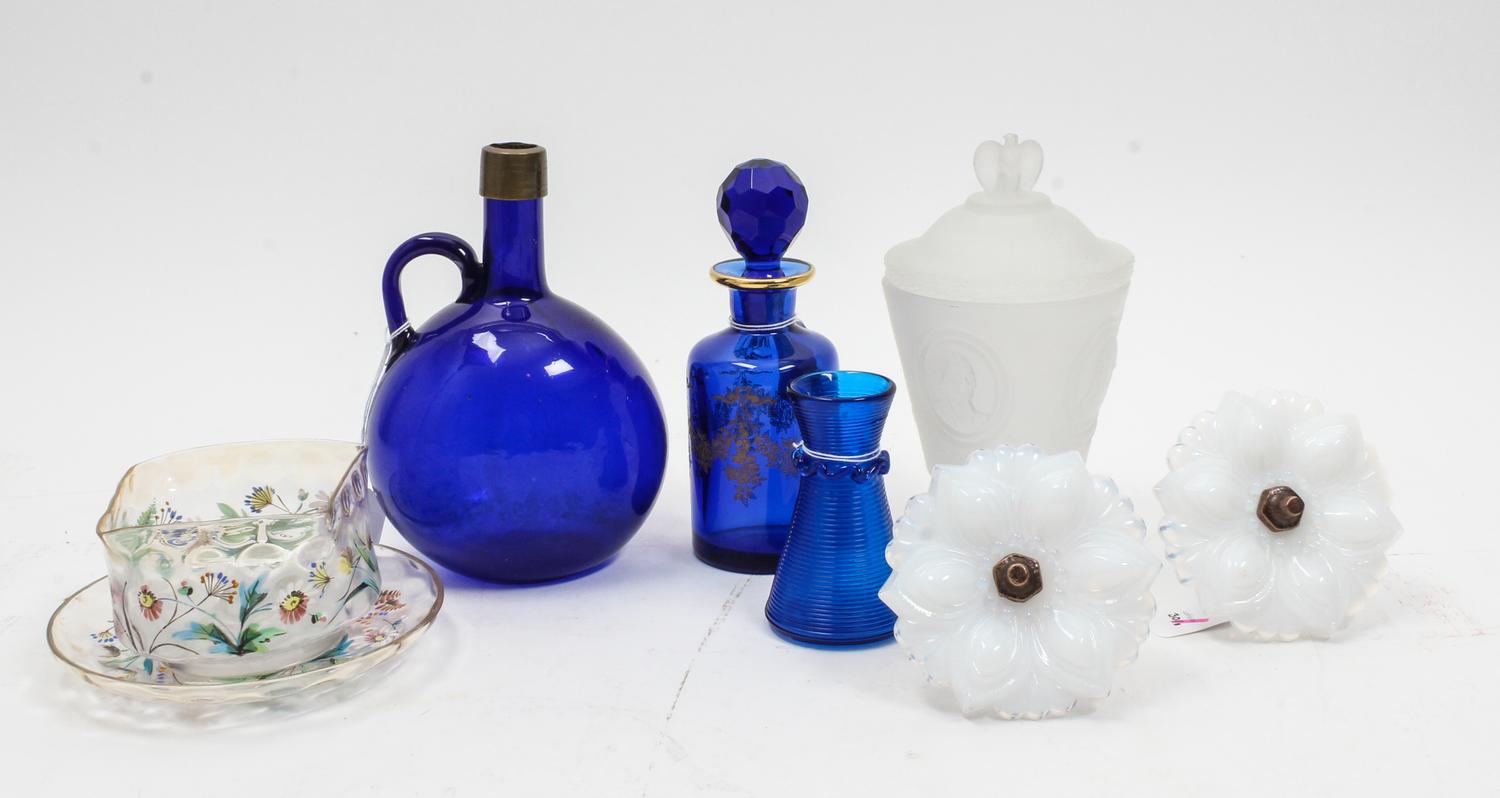 A Set of Eight Enameled Glass Table Articles Height of tallest 7 3/4 inches.