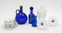 A Set of Eight Enameled Glass Table Articles Height of tallest 7 3/4 inches.