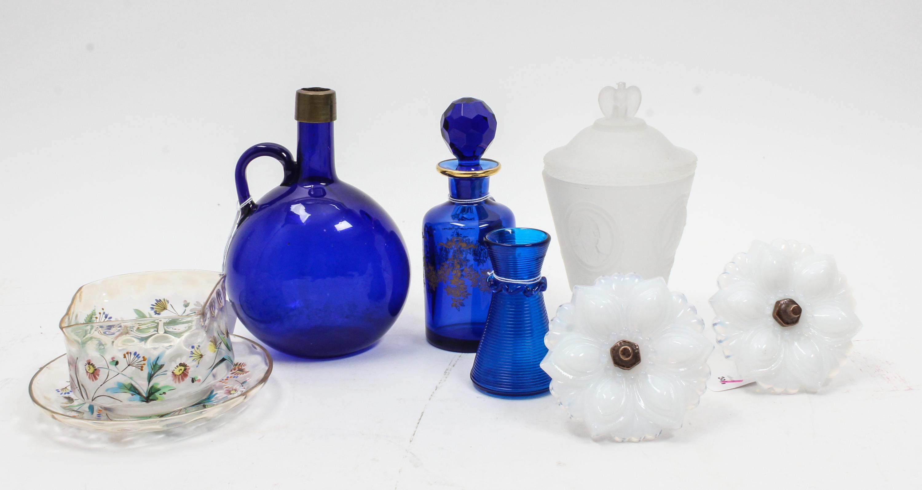 A Set of Eight Enameled Glass Table Articles Height of tallest 7 3/4 inches.