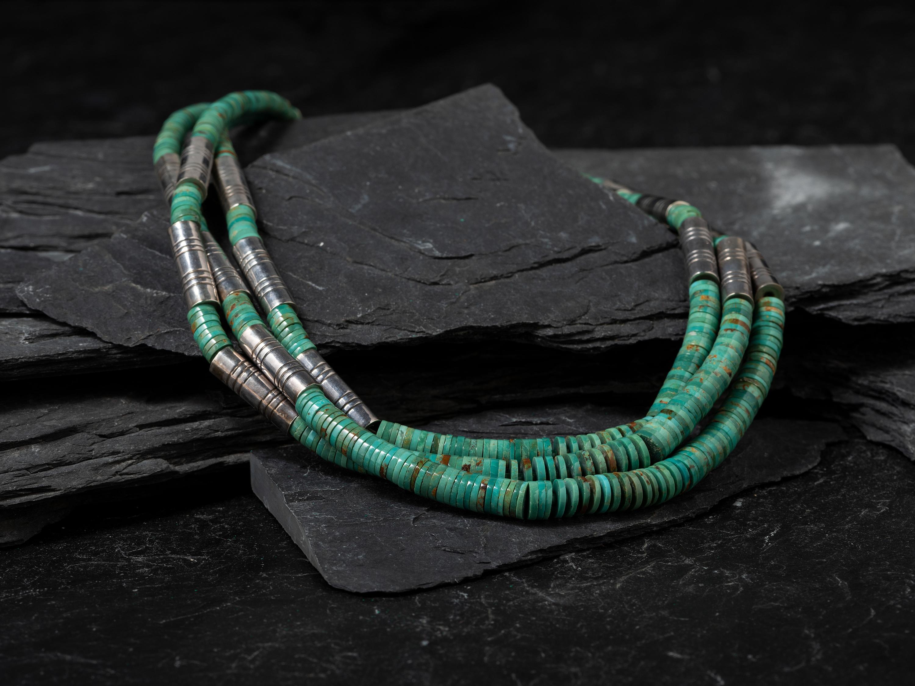 Rolled Turquoise and Sterling Silver Barrel Bead Three-strand Necklace