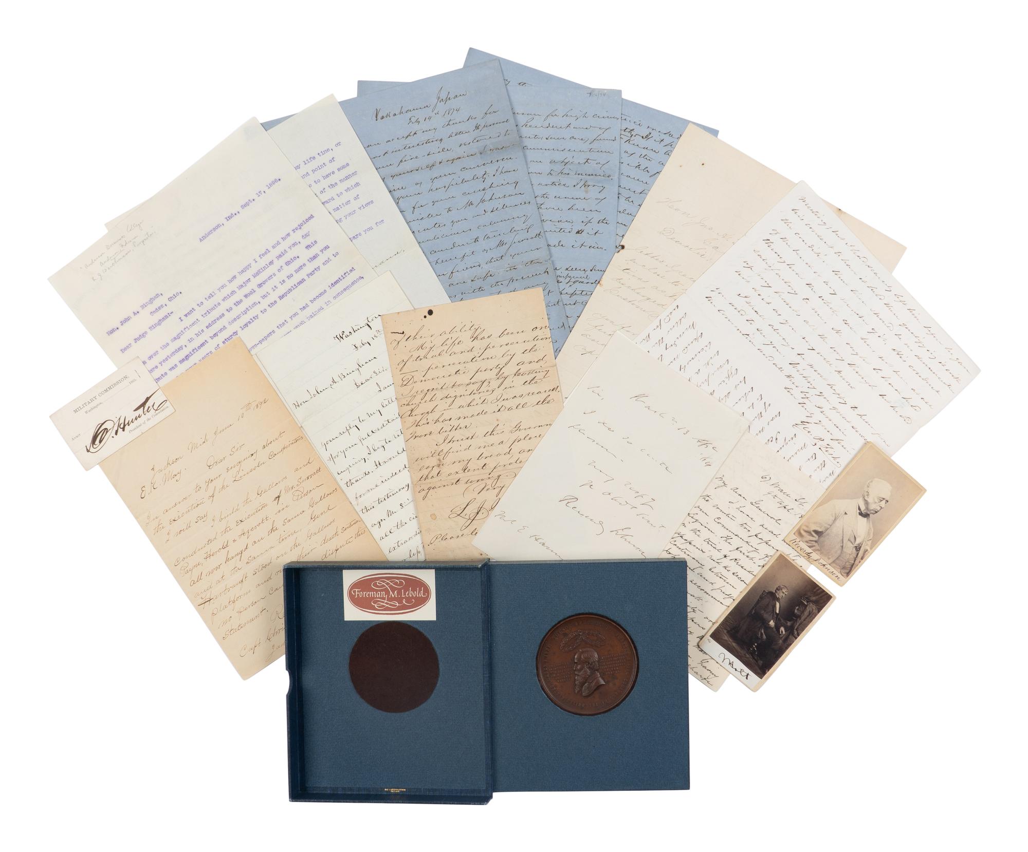 [LINCOLN ASSASSINATION]. A small archive of manuscript material, photographs, and items related to Lincoln's assassination and the subsequent trial of the conspirators, ca 1864-1896.