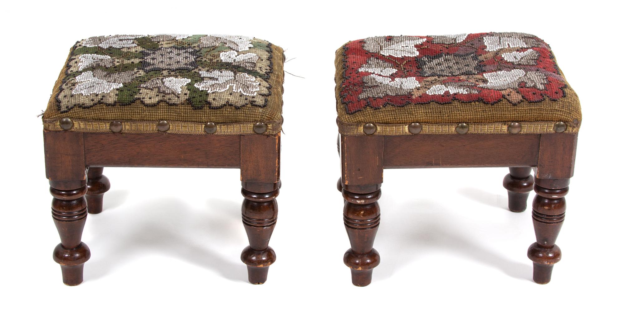 A Pair of Victorian Embroidered and Beaded Footstools Height 7 1/2 x width 8 1/2 x depth 7 1/2 inches. — 19TH CENTURY