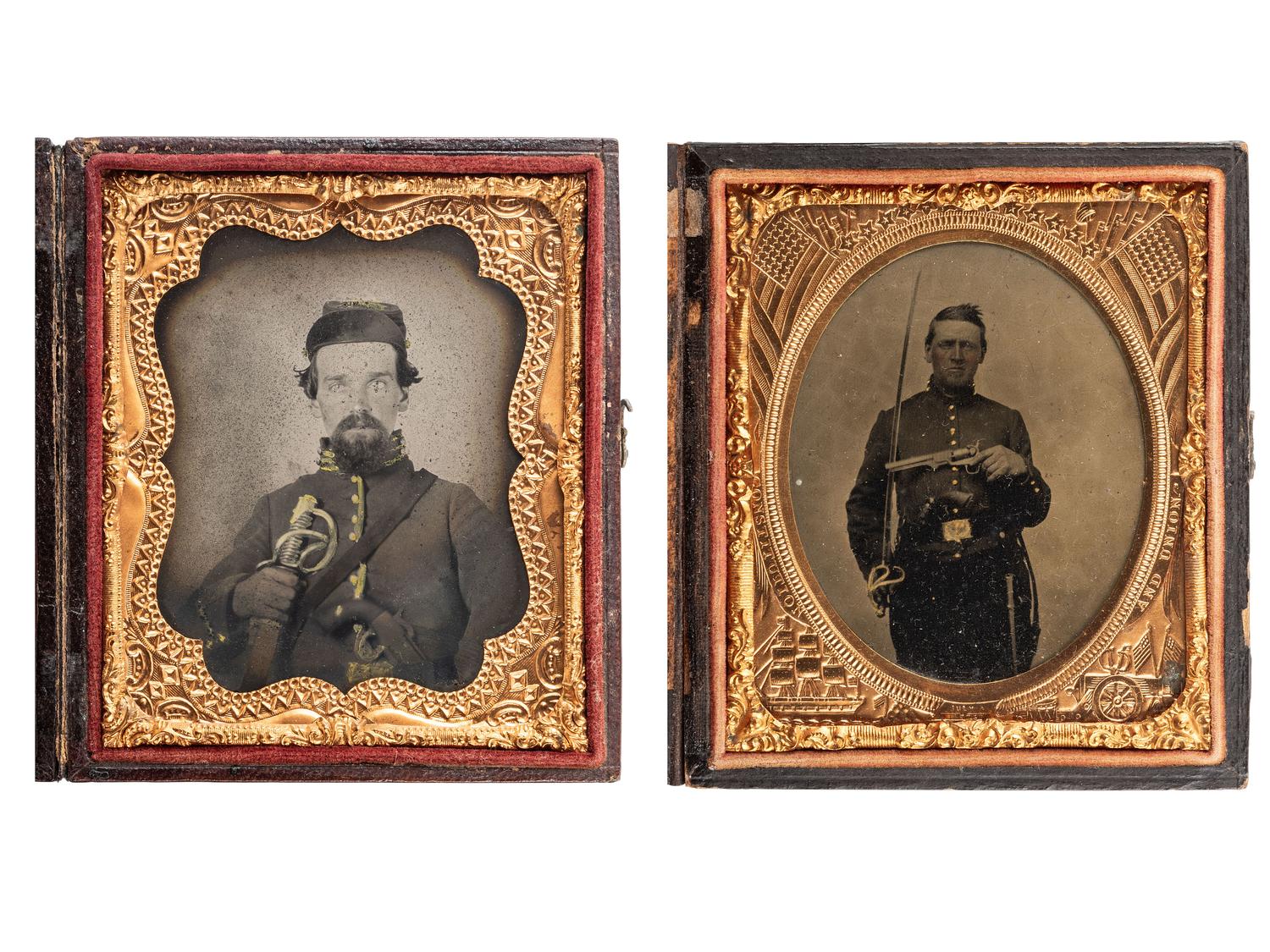 [CIVIL WAR]. 2 sixth plate portraits of cavalrymen armed with sabers and revolvers.