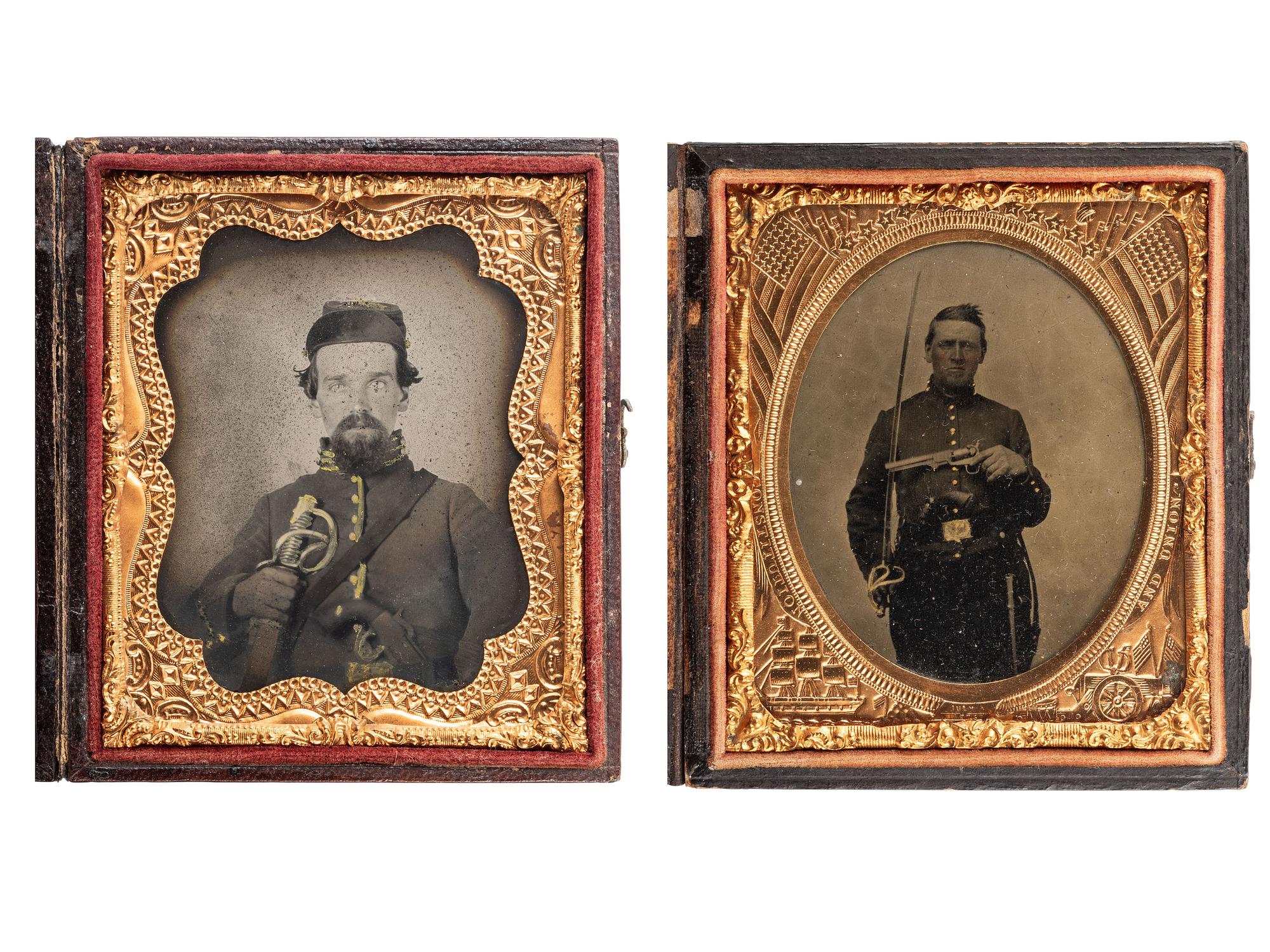 [CIVIL WAR]. 2 sixth plate portraits of cavalrymen armed with sabers and revolvers.