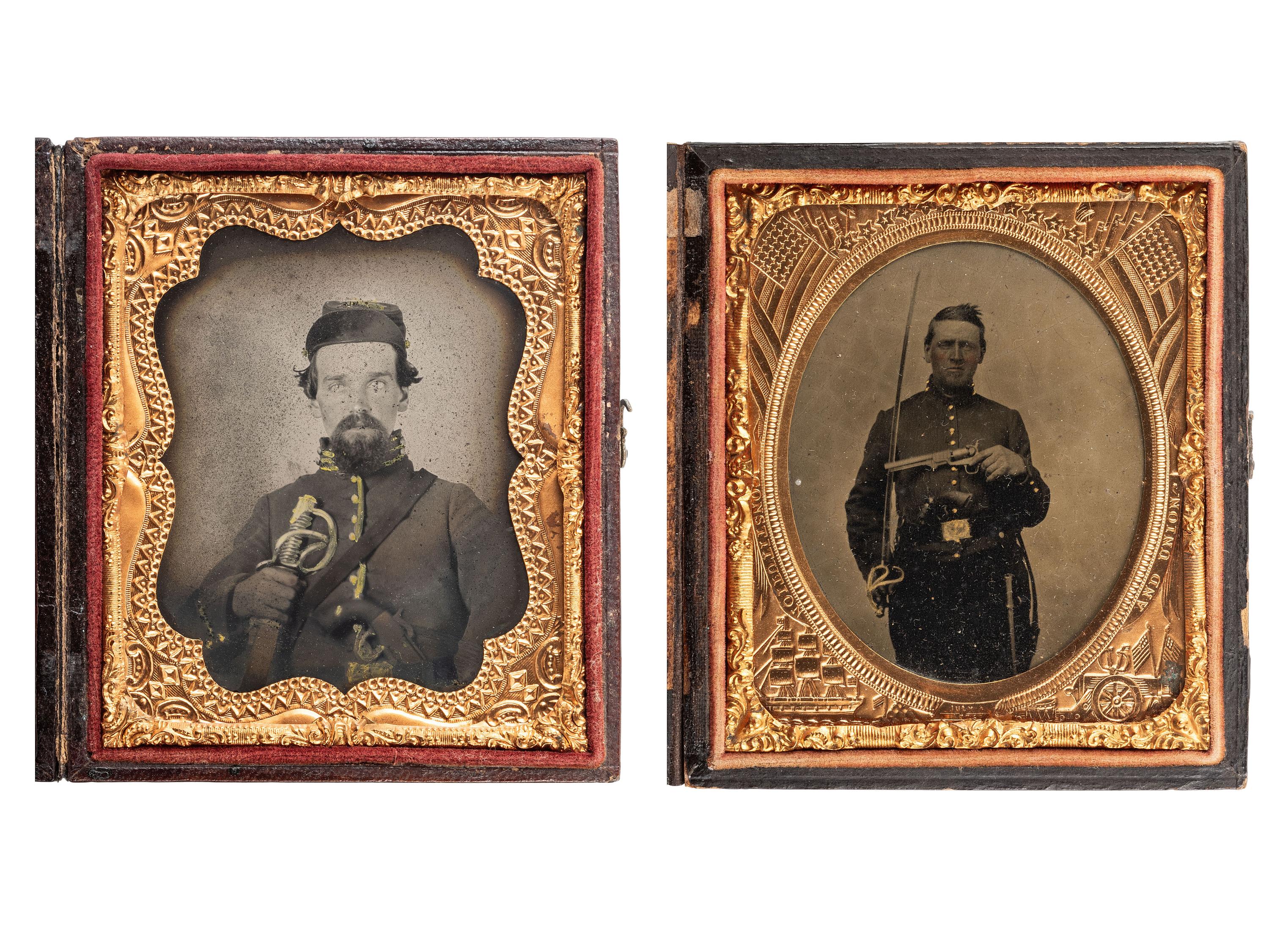 [CIVIL WAR]. 2 sixth plate portraits of cavalrymen armed with sabers and revolvers.