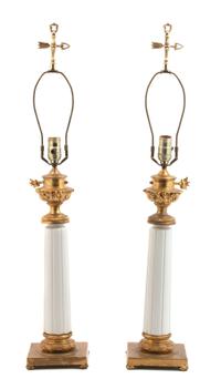 A Pair of Empire Style Porcelain Columnar Form Table Lamps — 20TH CENTURY