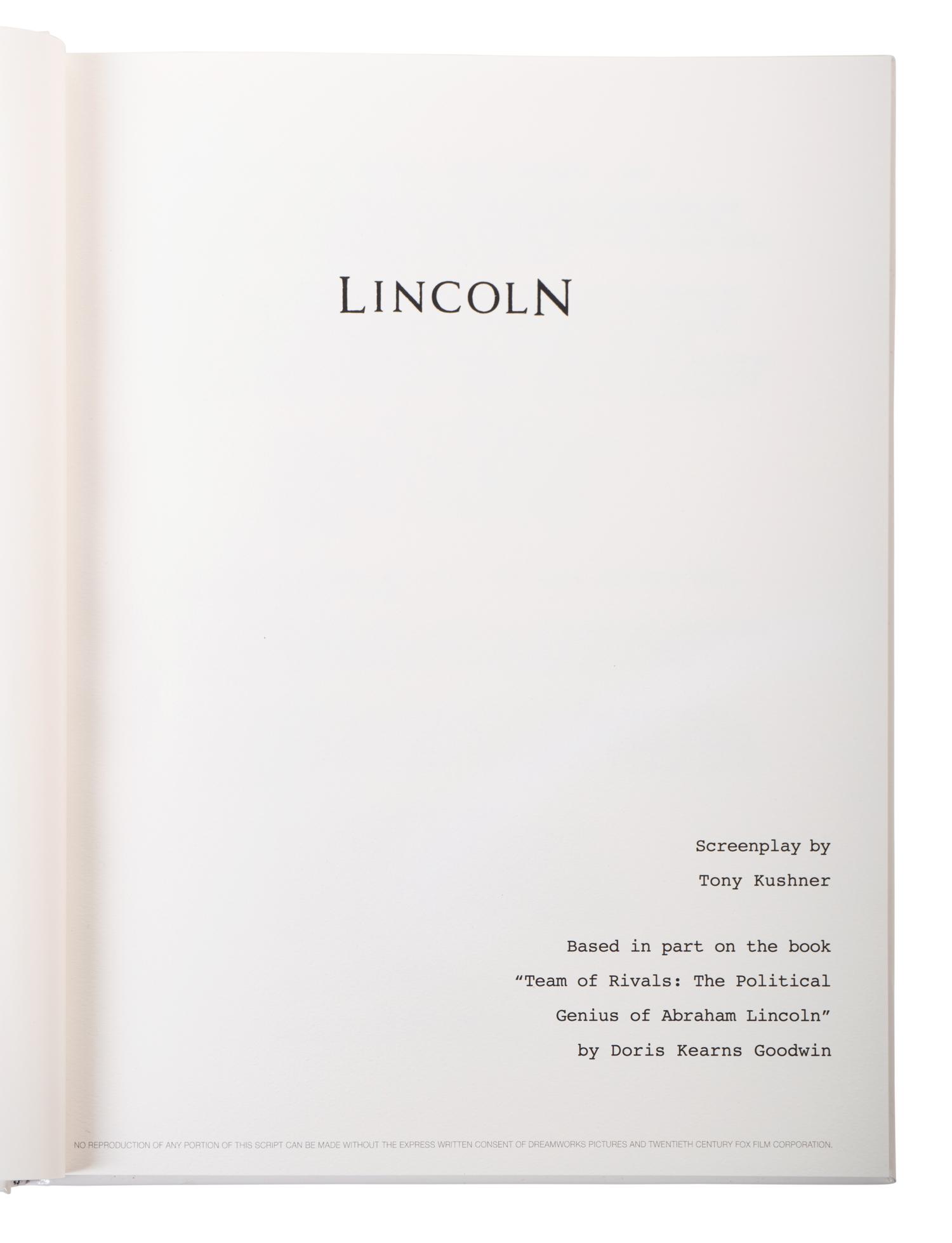 (Screenplays) A group of memorabilia from the film Lincoln . DreamWorks Pictures, Steven Speilberg, 2012. Comprising: