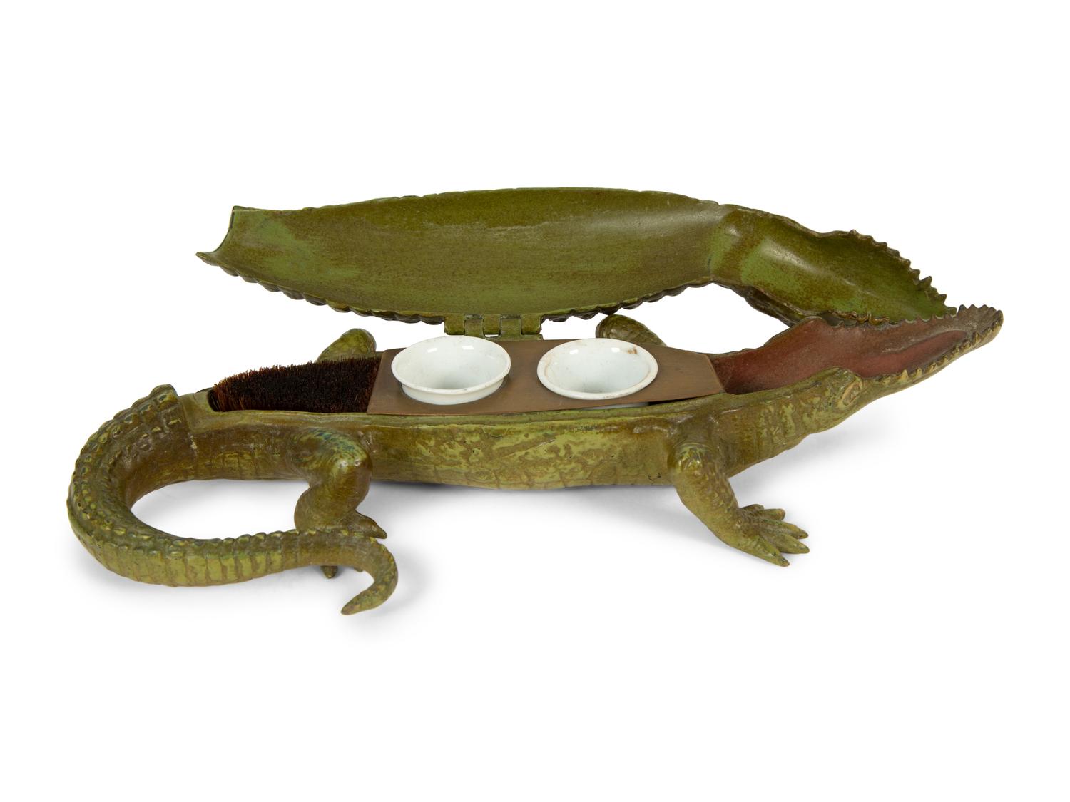 An Austrian Cold-Painted Bronze Crocodile Form Ink Stand