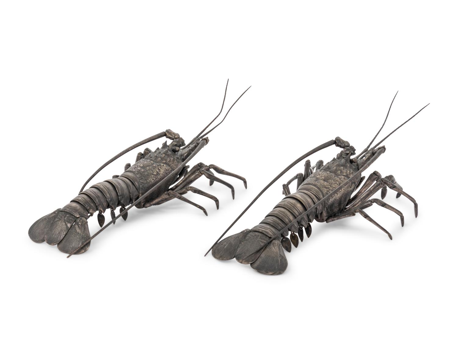 A Pair of Japanese Silvered Bronze Articulated Models of Ebi, Spiny Lobsters