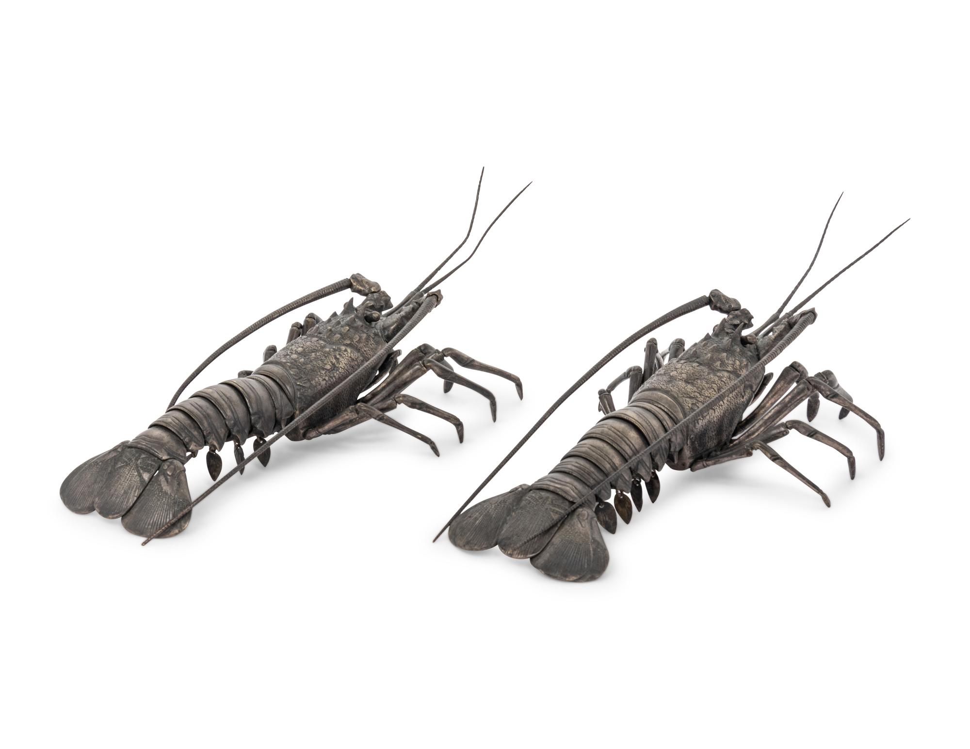 A Pair of Japanese Silvered Bronze Articulated Models of Ebi, Spiny Lobsters