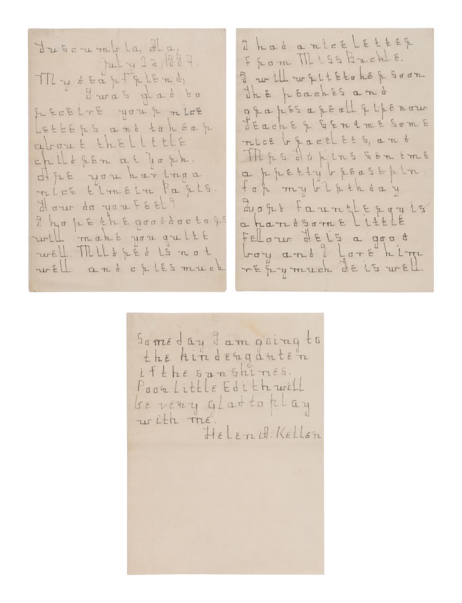 KELLER, Helen Adams (1880-1968). Autograph letter signed ("Helen A. Keller") to an unidentified "dear friend." Tuscumbia, AL, 23 July 1889.