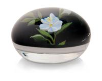 A Paul Stankard White Flower and Bud on Green Metallic Ground Glass Paperweight