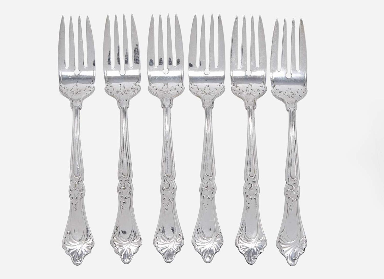 A set of six Art Nouveau .9584 silver salad forks, Martelé, Gorham Mfg. Co., Providence, RI, circa 1905