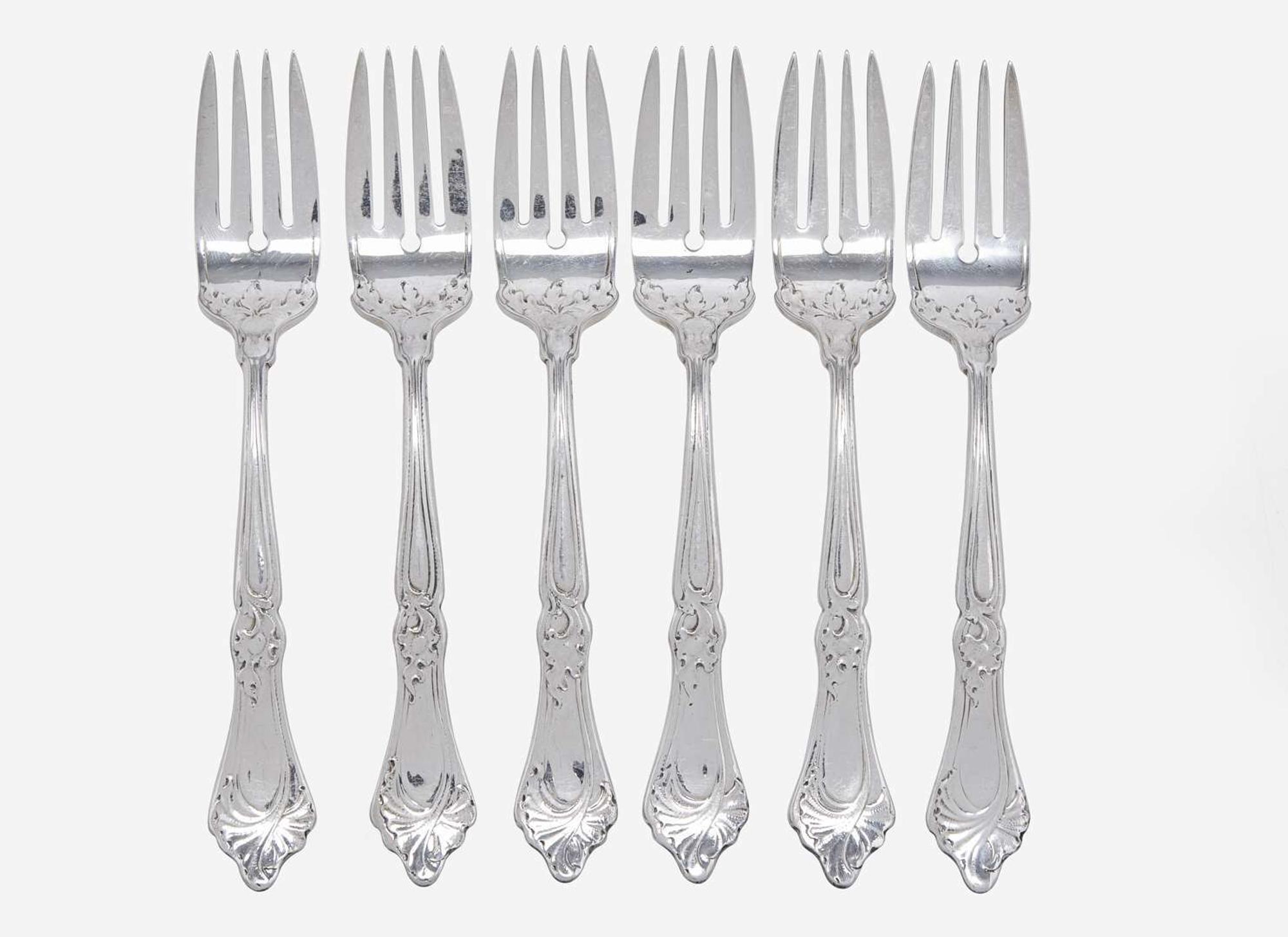 A set of six Art Nouveau .9584 silver salad forks, Martelé, Gorham Mfg. Co., Providence, RI, circa 1905