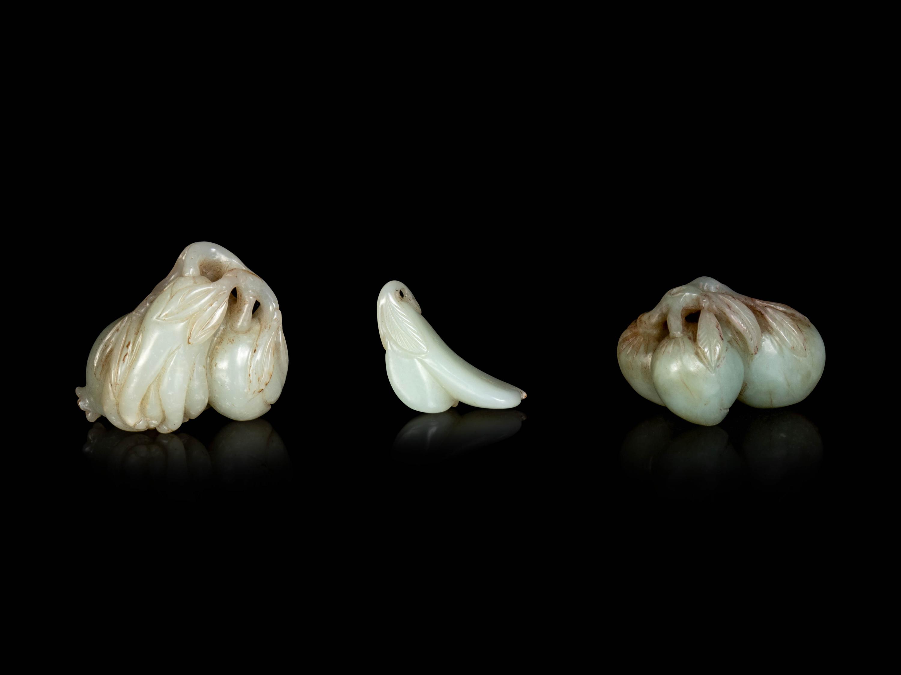 Three Chinese Celadon Jade Carvings of Fruits and Vegetables