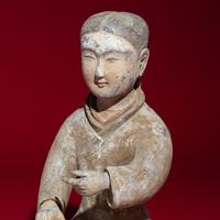 Two Chinese Painted Pottery Ladies Playing Liubo , Western Han Dynasty — 西漢 灰陶彩繪女對弈俑一組