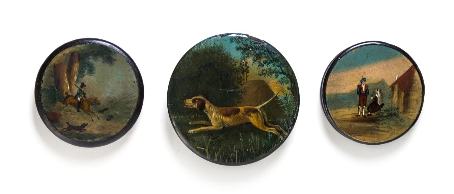 Three Continental Lacquered Papier Mache Snuff Boxes, Diameter of largest 4 inches.