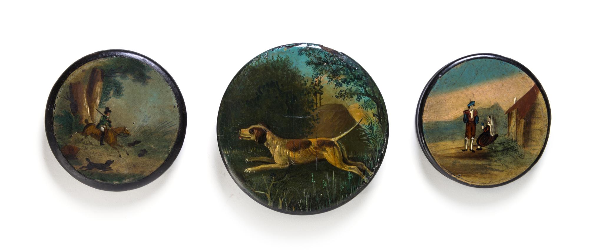 Three Continental Lacquered Papier Mache Snuff Boxes, Diameter of largest 4 inches.