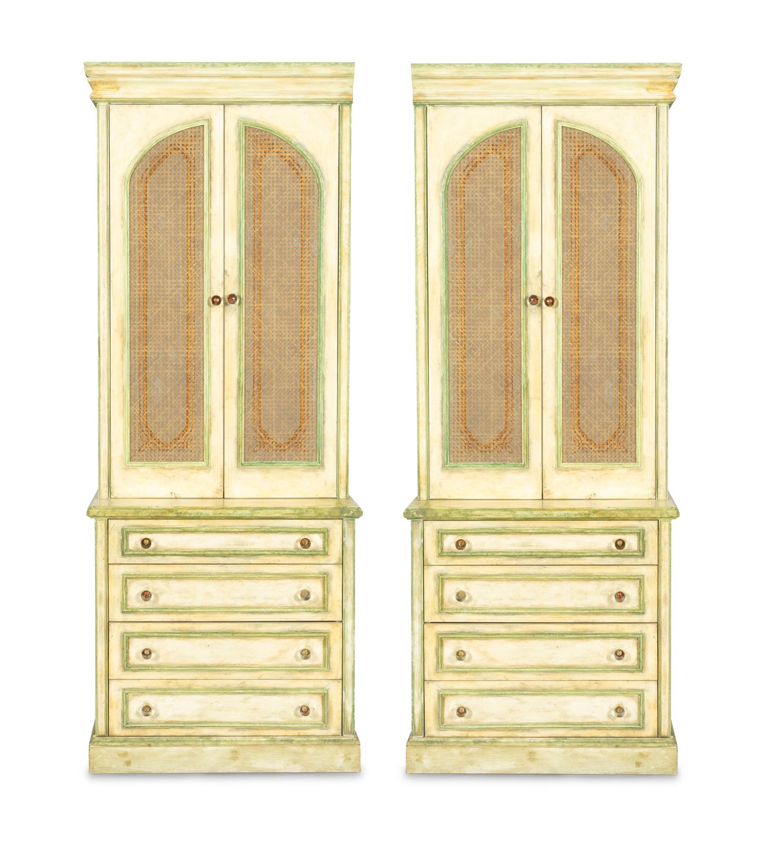 A Pair of Cream and Green-Painted Bookcase Cabinets