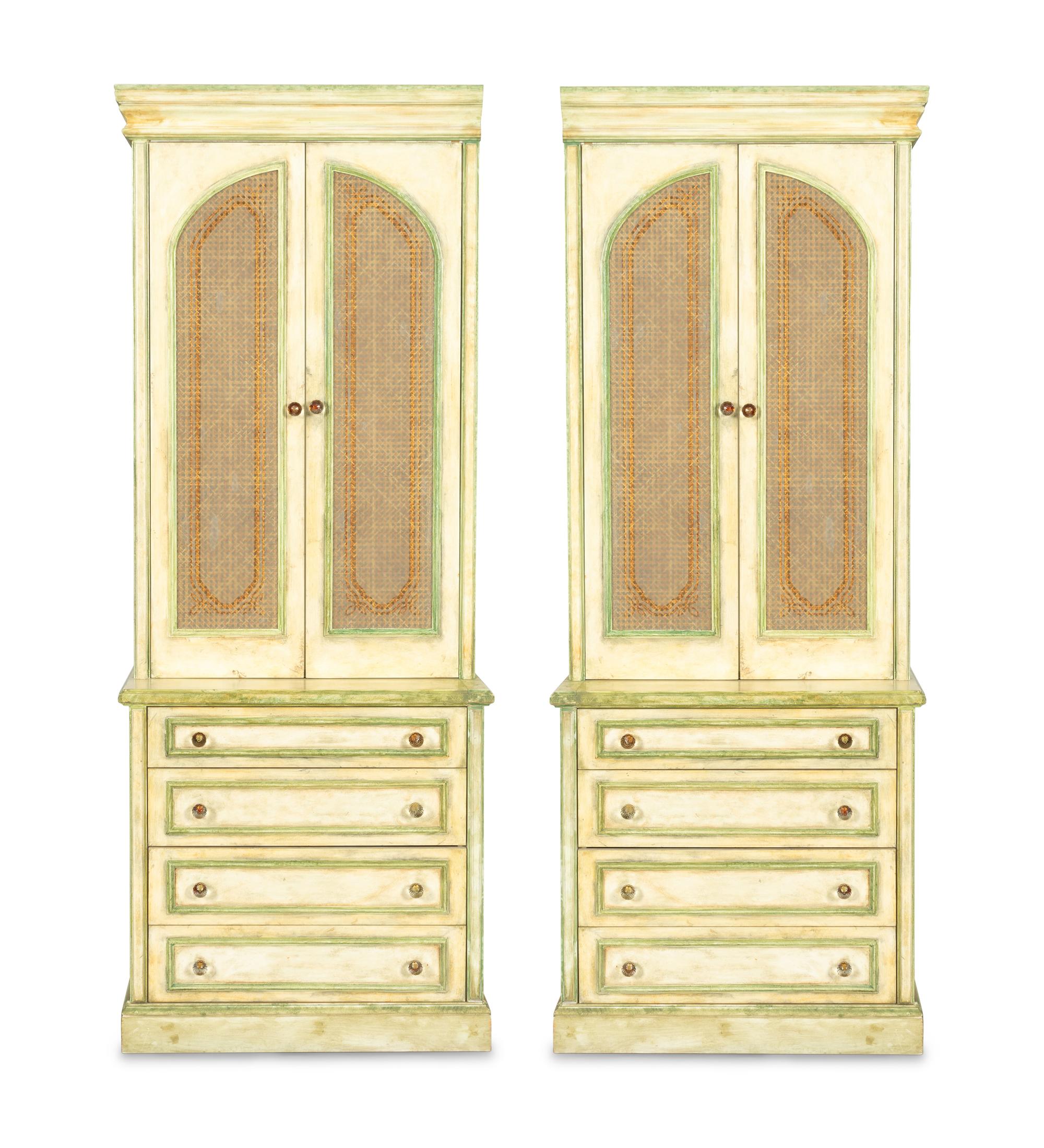 A Pair of Cream and Green-Painted Bookcase Cabinets