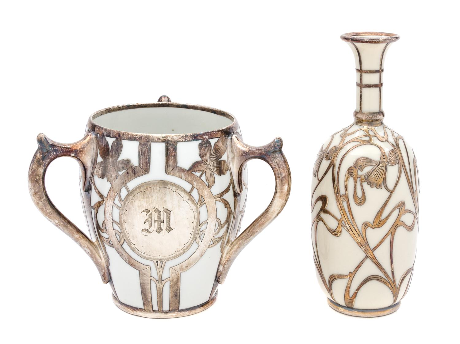 Two Electrolytic Art Metal Company (EAMCO) Porcelain Silver Overlay Articles Height of first 7 1/2 inches.