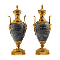 A Pair of Louis XVI Style Gilt Bronze Mounted Marble Urns
