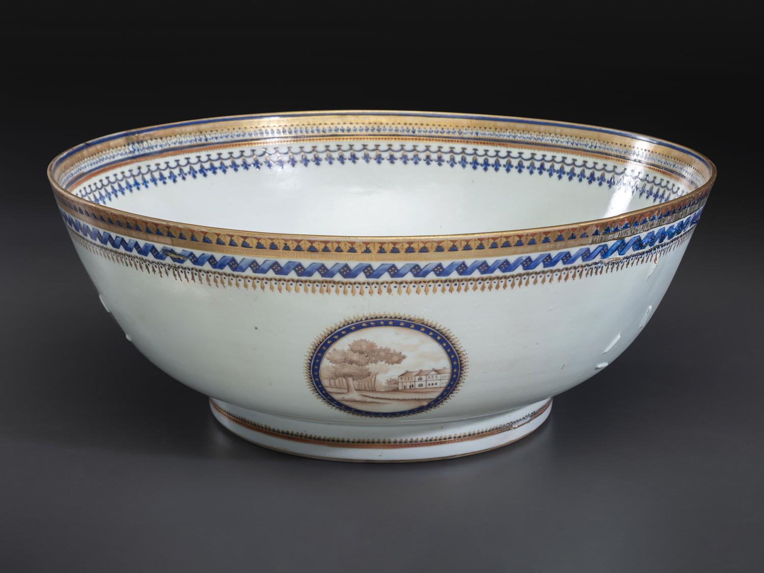 A Chinese Export Parcel Gilt and Grisaille Decorated Porcelain Punch Bowl
