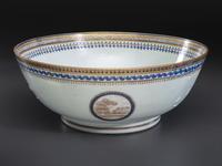 A Chinese Export Parcel Gilt and Grisaille Decorated Porcelain Punch Bowl