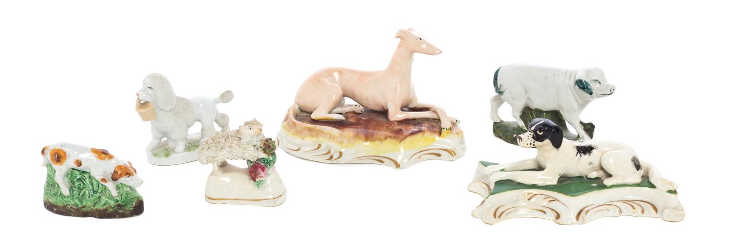 A Collection of Staffordshire Animals, Width of widest 4 3/4 inches.
